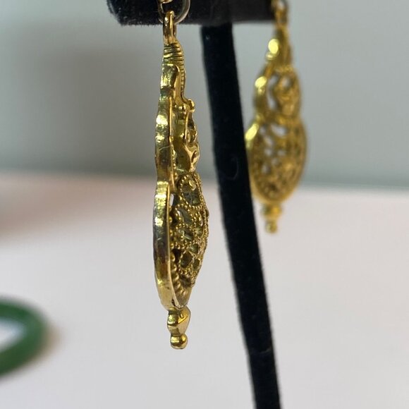 Gold-Tone Filigree Dangle Earrings With Ornate Design & Fleur De Lis Accents - Picture 7 of 10